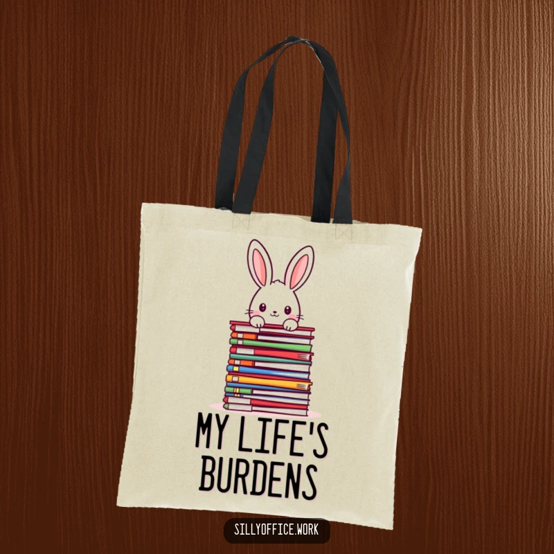 Funny kawaii rabbit peeking over a huge stack of colorful files, on a durable tote bag, a cute and practical office accessory.